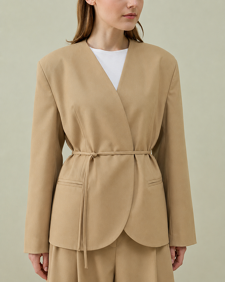 Yakasız Blazer Ceket Camel - Aybikestil (1)