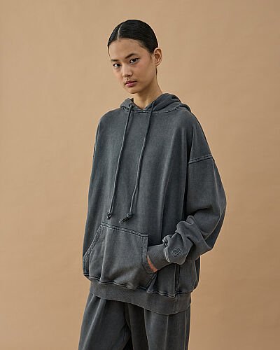Yıkamalı Cotton İki İplik Kapüşonlu Hoodie Sweatshirt Antrasit 
