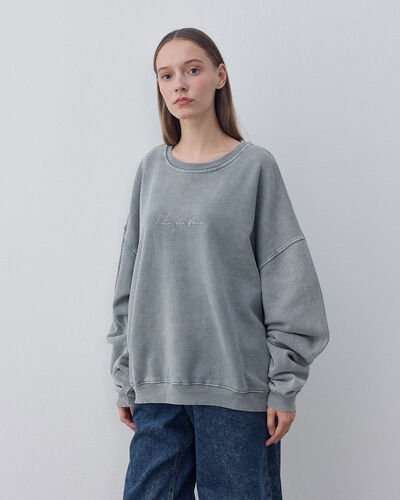 Yıkamalı Unisex Oversize Nakışlı Sweat Buz Mavisi 