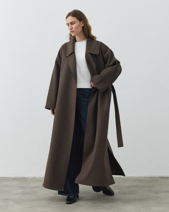 Yün Oversize Yırtmaçlı Kruvaze Kaban Acı Kahve - Aybikestil (1)