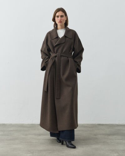 Yün Oversize Yırtmaçlı Kruvaze Kaban Acı Kahve 