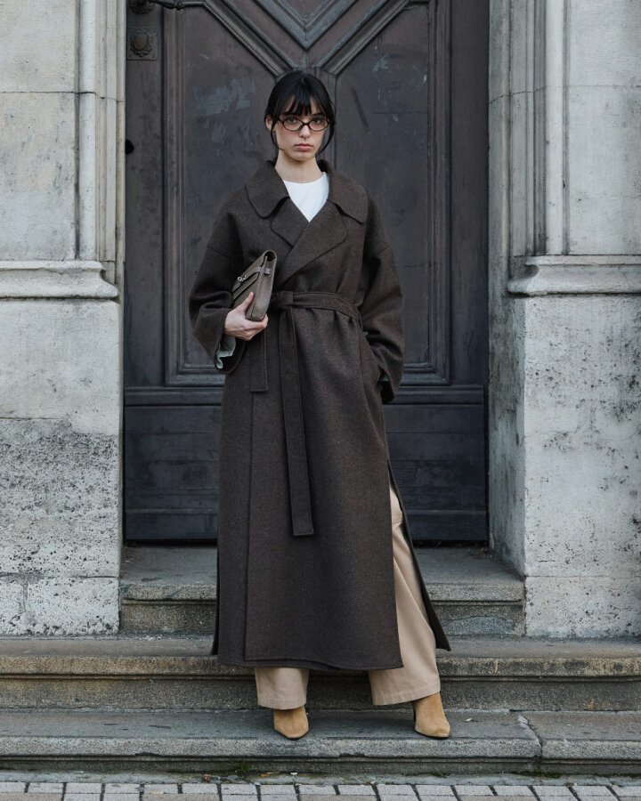 Yün Oversize Yırtmaçlı Kruvaze Kaban Acı Kahve - Aybikestil