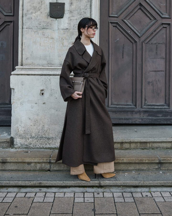 Yün Oversize Yırtmaçlı Kruvaze Kaban Acı Kahve - Aybikestil (1)