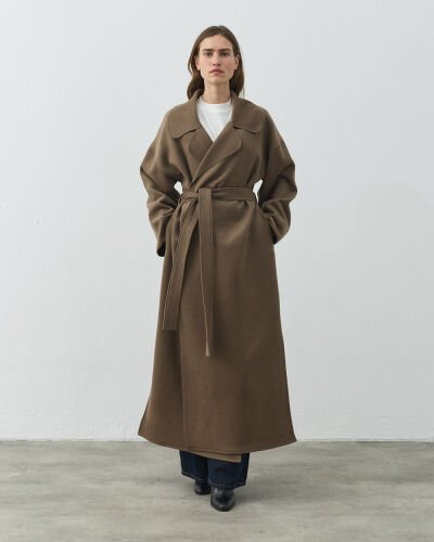 Yün Oversize Yırtmaçlı Kruvaze Kaban Camel 