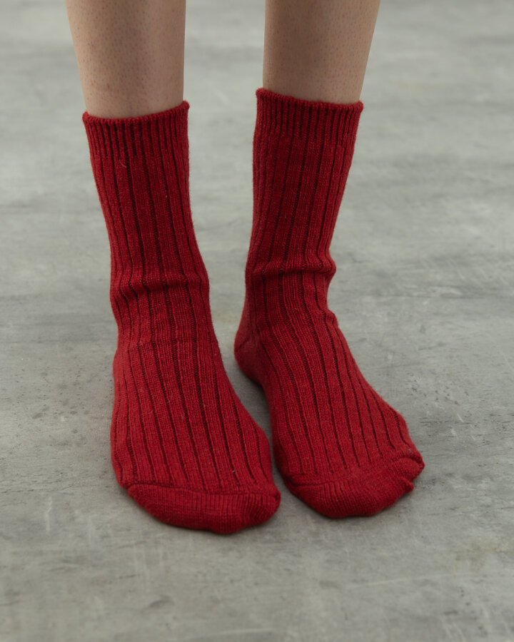 Yünlü Kaşmir Fitilli Çorap Kırmızı - (1)